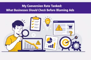Illustration for a blog article about conversion rate dropped, showing businesses diagnosing traffic quality, landing page performance, tracking errors, offer clarity, and website conversion issues before blaming ads.