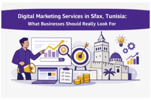 Flat vector illustration for a blog article about digital marketing services in Sfax, Tunisia, featuring SEO, analytics, strategy, and local business growth in Interacti Marketing Agency brand colors.