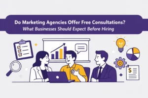 Business decision-makers in a professional meeting discussing what a free consultation marketing agency should include before hiring