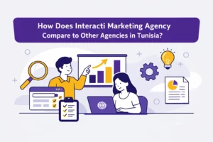 Flat vector hero image for a blog article about how Interacti Marketing Agency compares to other agencies in Tunisia, featuring marketing analysis icons, charts, checklist, magnifier, laptop, and strategy visuals in purple and gold.
