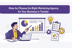 A professional blog cover about how to choose the right marketing agency in Tunisia, featuring business decision-making, strategy, reporting, and agency comparison.